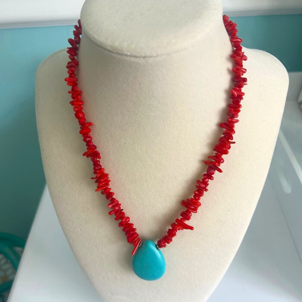 Handmade stunning red coral necklace w/ teardrop/pear shaped turquoise pendant